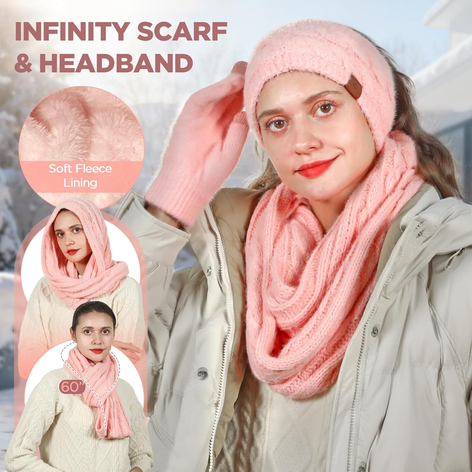 Womens Beanie Hat Infinity Scarf Touchscreen Gloves Fleece Headband 4 in 1 Winter Clothes Set Gifts for Women - Image 3