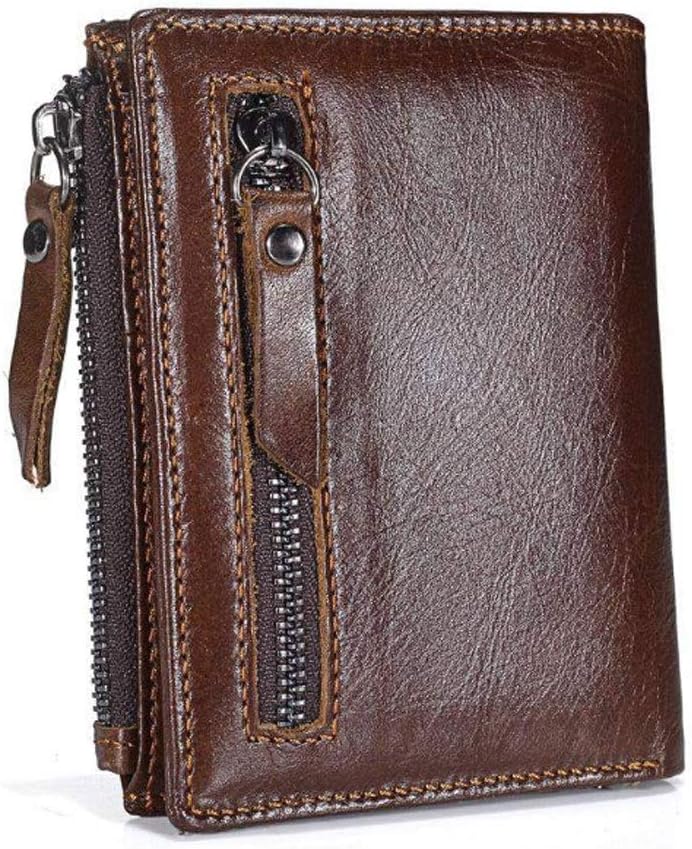 Multi-purpose Wallet, Men's Layer Leather Retro Wallet Zipper Purse Calfskin Vertical Section