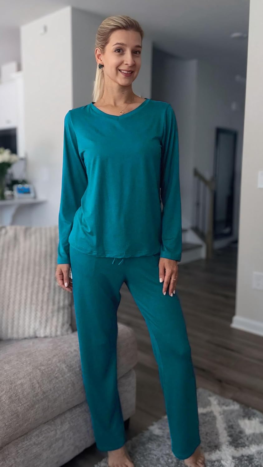 Ekouaer Womens 2 Pack Pajama Set Short & Long Sleeve Pajamas Top and Pants V Neck Pjs Set Soft Loungewear with Pockets - Image 2