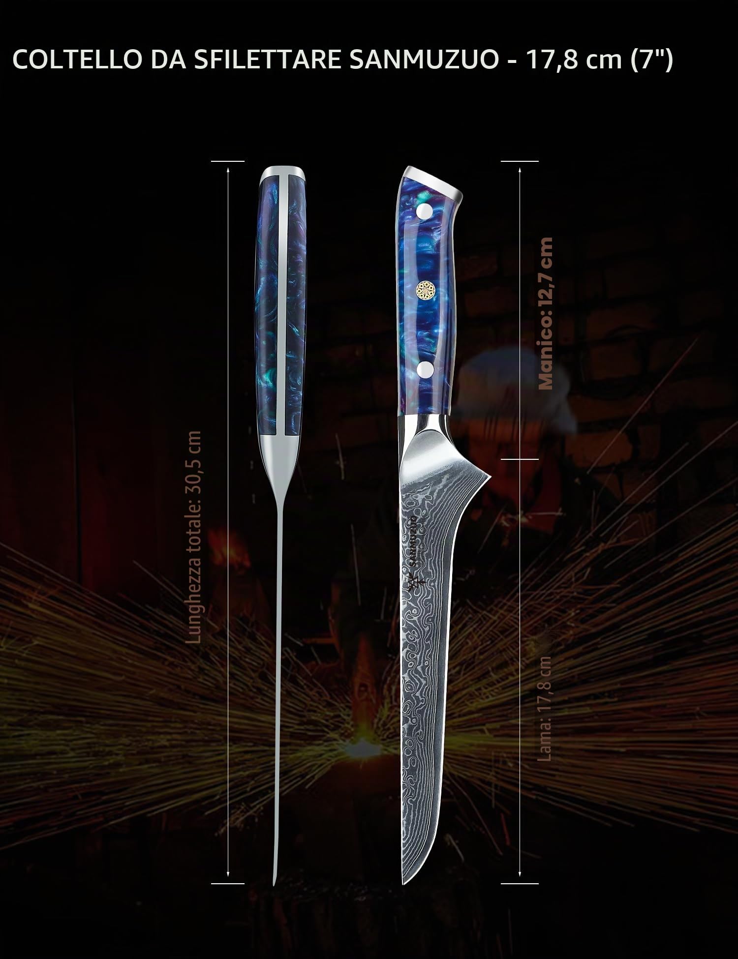 Coltello filetto 18 cm, Professionale Coltello da Disossare Giapponese Acciaio Damasco Coltello da Cucina Impugnatura Resina - Xuan Series(Blu Zaffiro)