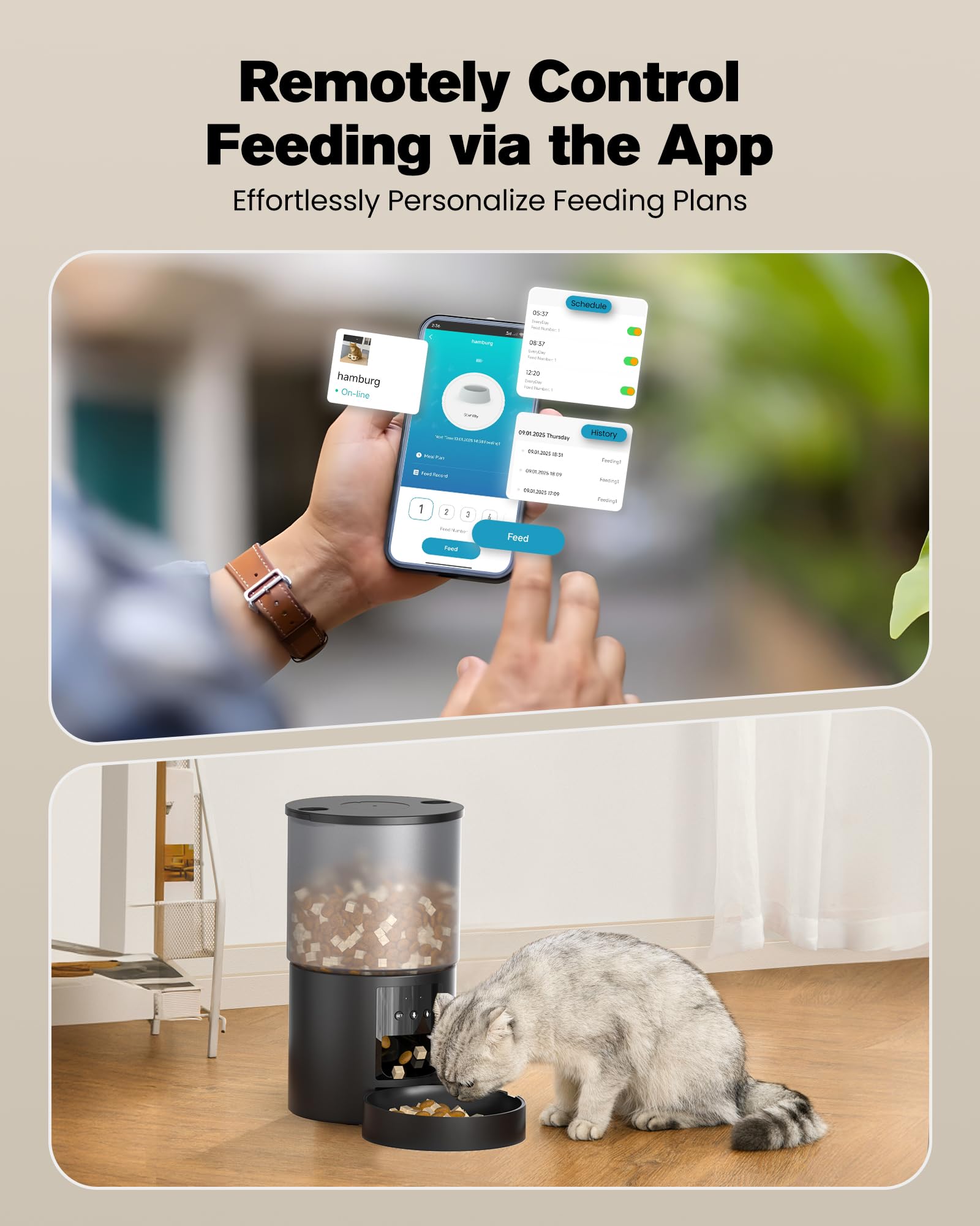 Distributore Automatico Cibo Gatti Cani WiFi: Dosatore Crocchette per Animali Domestici con 10S Registrazione - Mangiatoia Automatica per Cibo Distributore Crocchette Gatto Timer Nero 4L