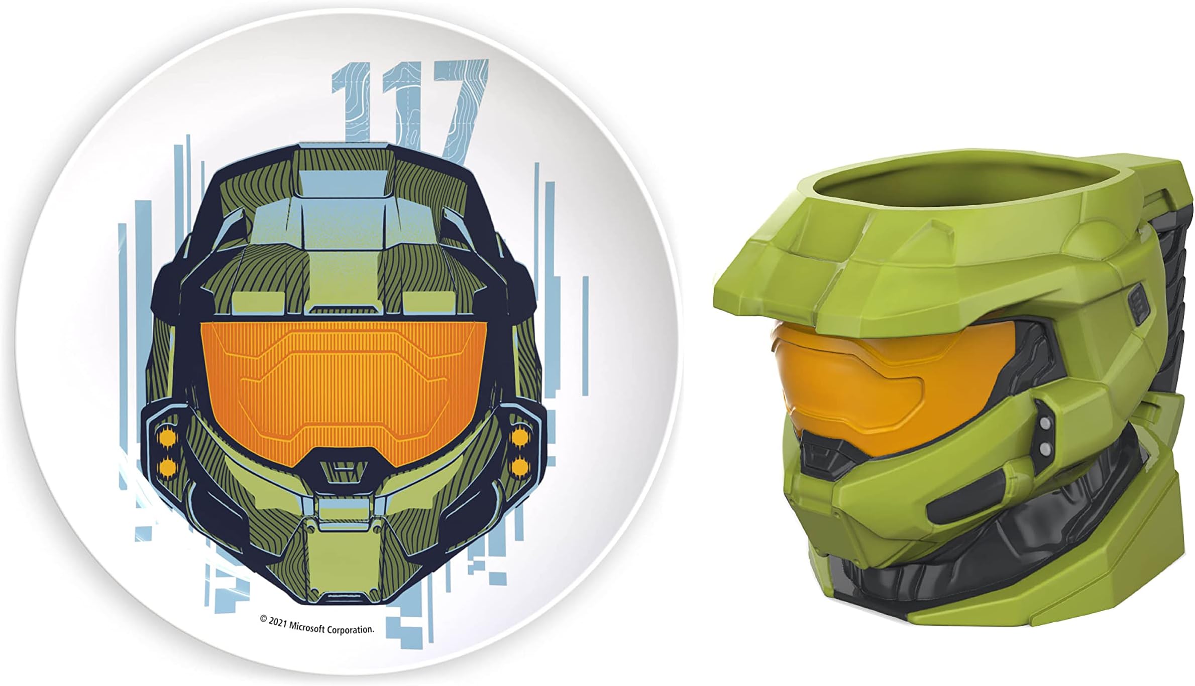 Zak Designs Halo Infinite Ceramic Sculpted Mug and Plate Set for Coffee, Tea, Breakfast or Dessert, 3D Character Collectible Keepsake (2-Piece, Non BPA, Master Chief)