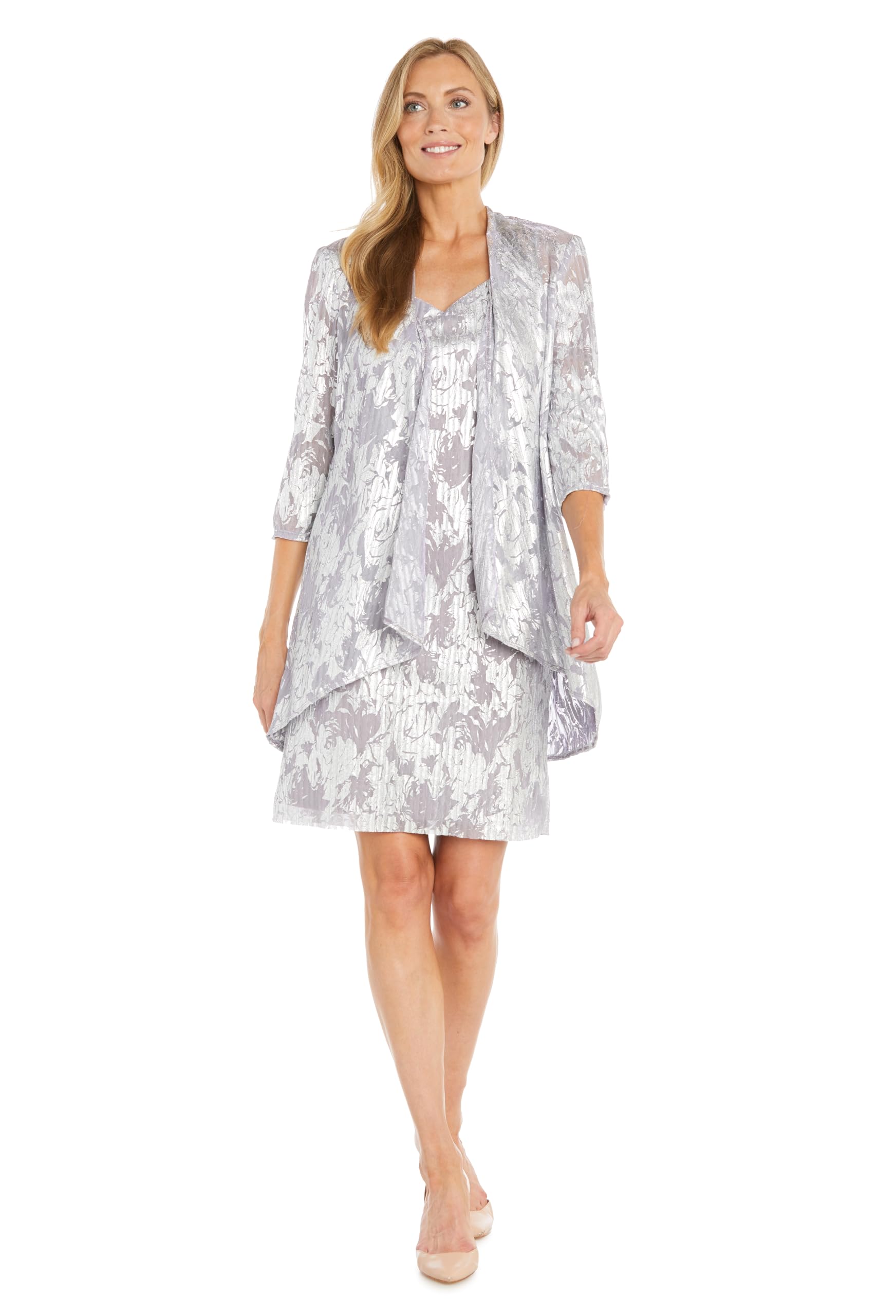 R&M Richards Women's Elegant 2-Piece Foil Print Pleated Mesh Swing Jacket Dress Set