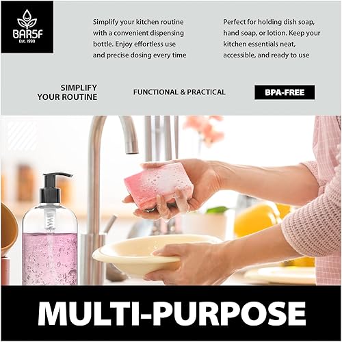 Miniatura 3 de Bar5F 12-Ounce Empty Plastic Pump Bottle Dispenser for Soap, Lotion, Shampoo, Oil, Antiseptic, BPA-Free, Crystal-Clear, USA, 4-Pack