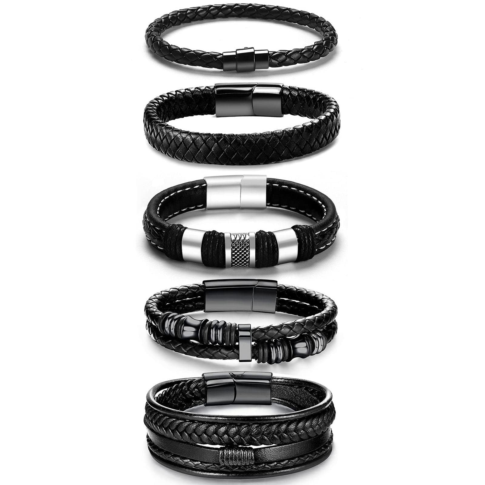 Black Leather Bracelets, for Men Women 5pcs, Adjustable Mens  display picture 1