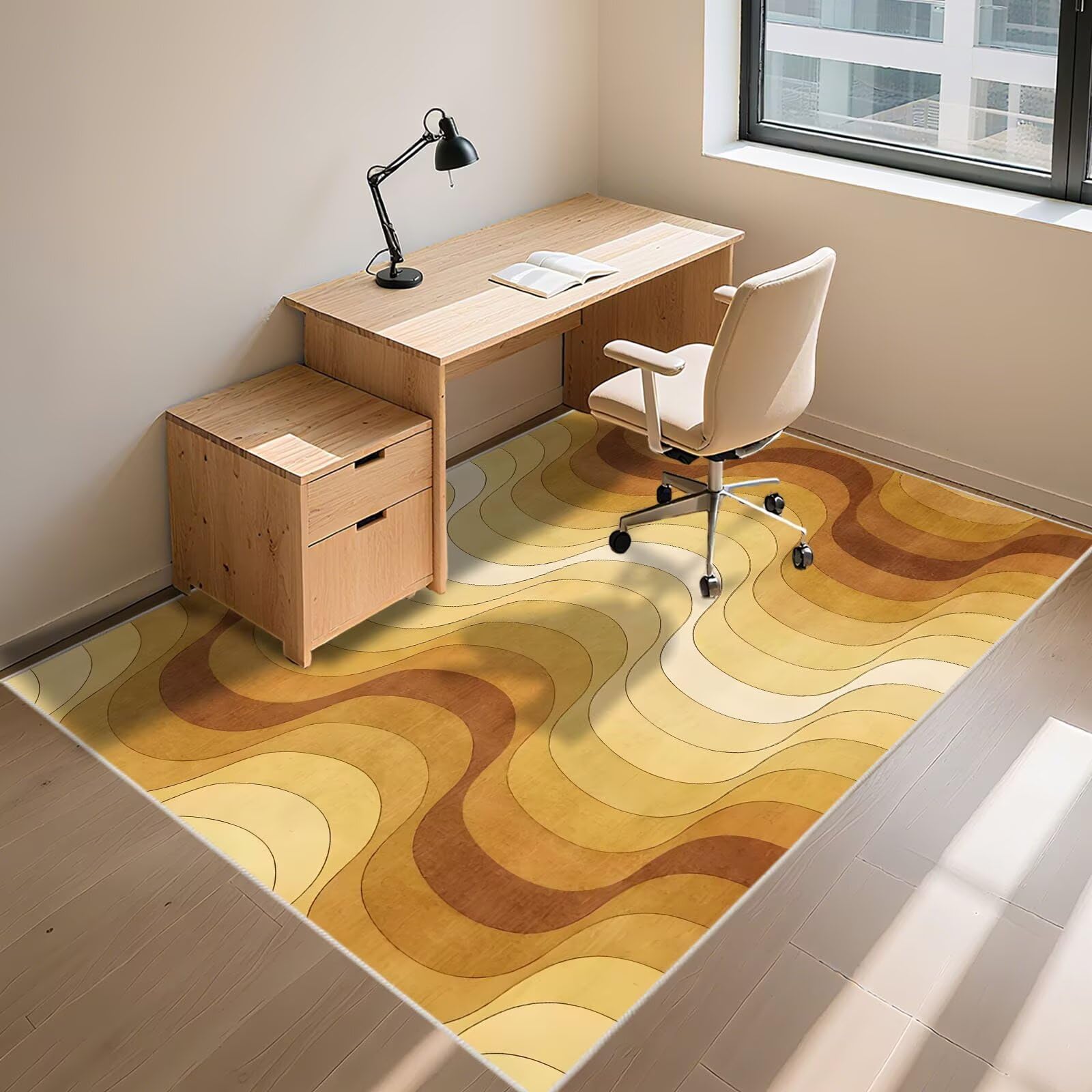 Waschbar Teppich Bettvorleger Braun Gelb 120x170cm, Vintage Abstrakte Streifenmuster für das Wohnzimmer im Büro
