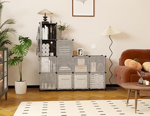 Miniatura 4 de AWTATOS Organizador de almacenamiento de 12 cubos con puertas, estante de plástico de bricolaje para armario, estantería modular, estante apilable