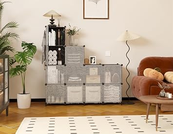 AWTATOS 12 Cube Storage Organizer with Doors, DIY Plastic Closet Shelf, Modular Bookshelf, Stackable Shelving Rack for Bedroom, Living Room, Black ULPZ012