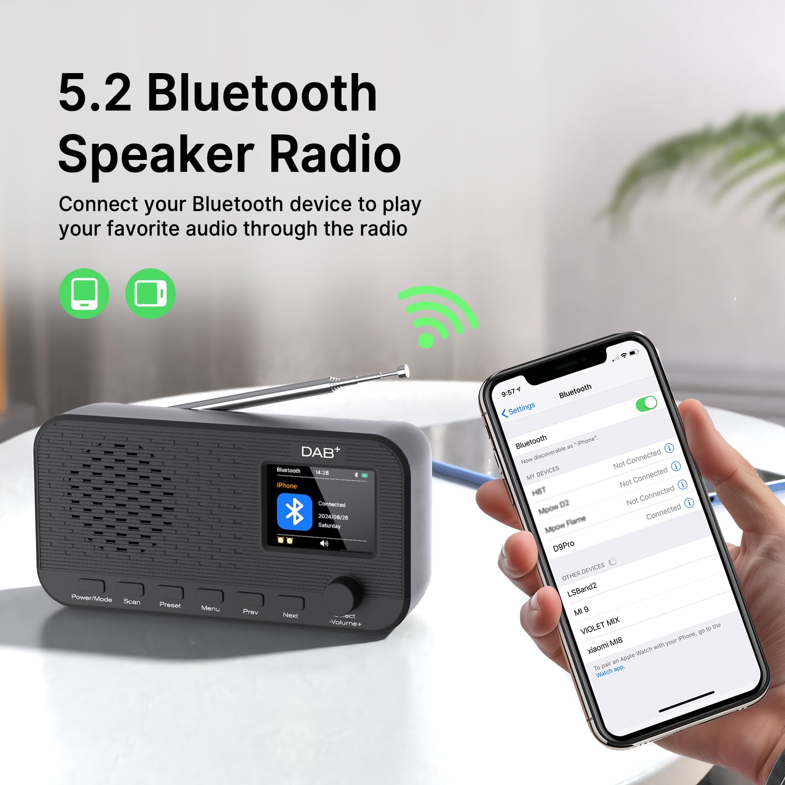 DAB Radio con Bluetooth, radio digitale FM ricaricabile, radio a batteria, radio portatile DAB+, radio da cucina con 80 preset, display a colori da 2,4 pollici, doppia sveglia, timer