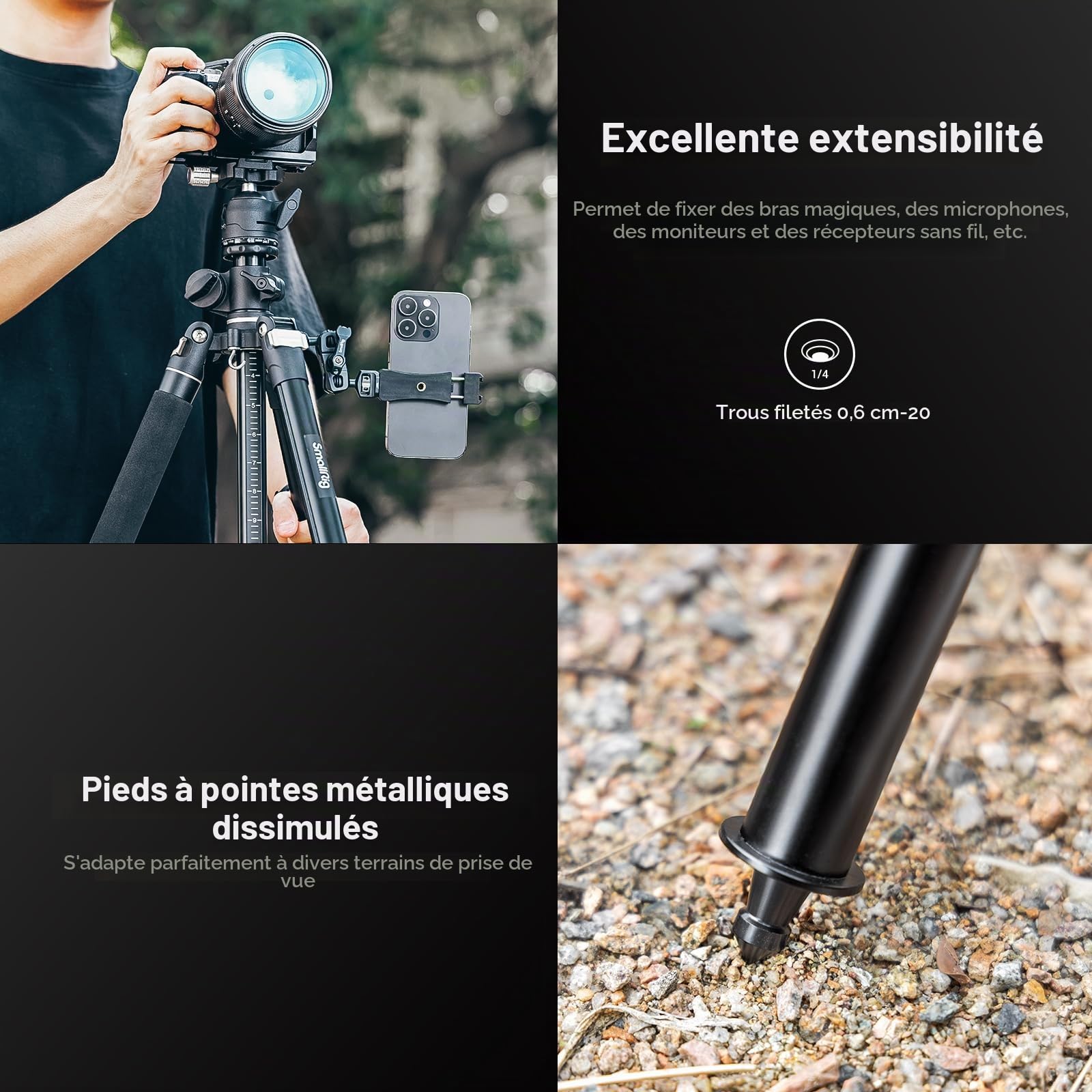 SMALLRIG CT200 Trépied Appareil Photo 185cm, Monopode Horizontal à Colonne Centrale de Rotation à 360°, avec Support pour Smartphone, Sac de Transport, Sac de Poids, 10 kg Charge Maximale - 4288