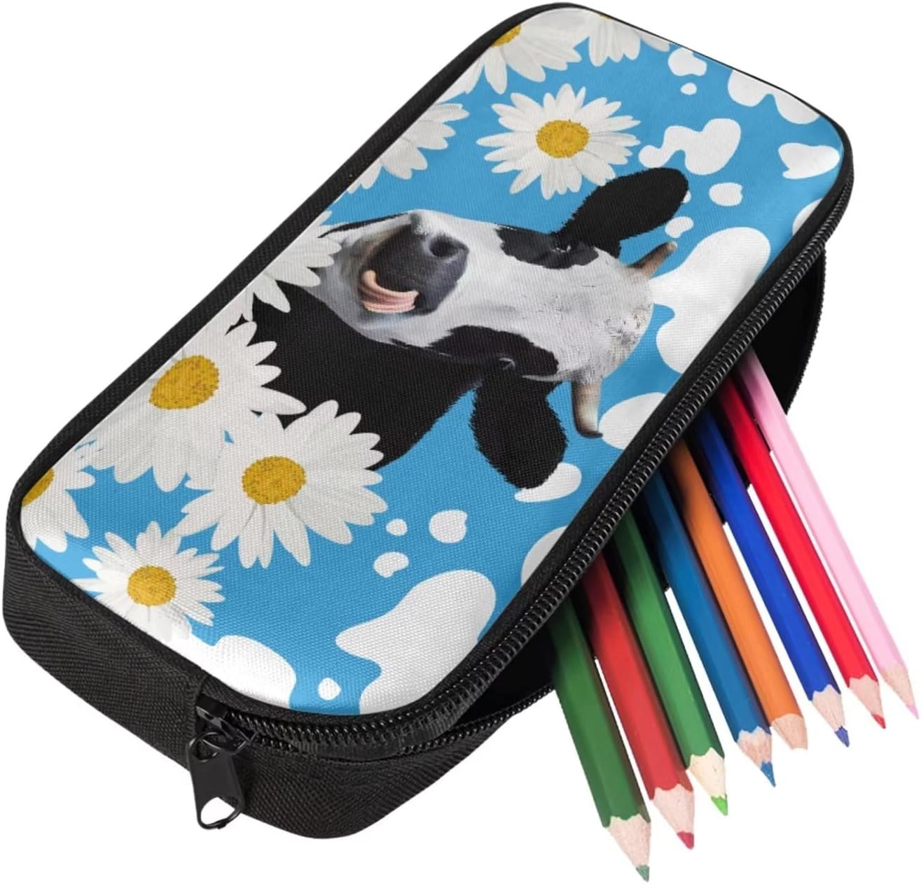 Kids Blue Funny Daisy Cow School Backpack Set for Girls Boys Personalized Graphic Print Bookbag Student Lightweight Comfy Padded Aesthetic Backpack with Lunch Box Pencil Bag