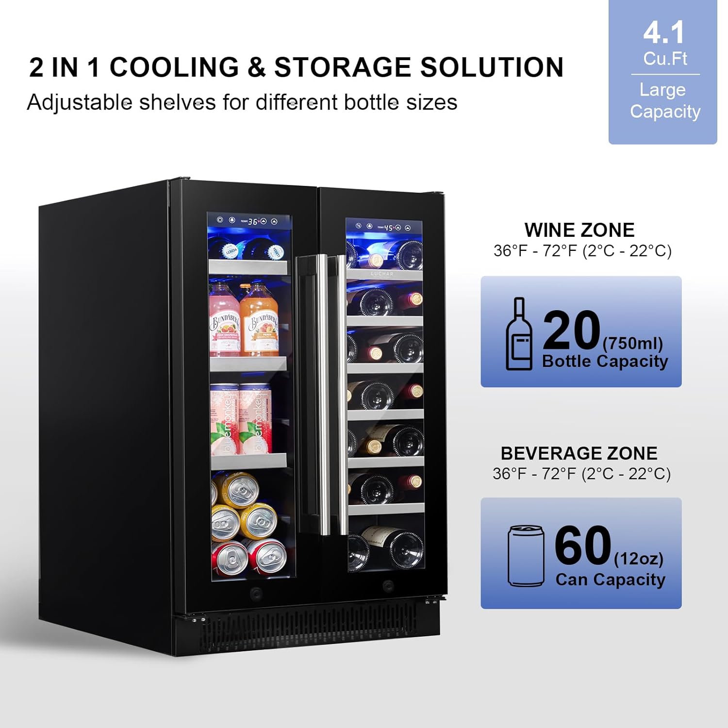 Akicon Luchar Wine and Beverage Refrigerator, 24 Inch Beverage Fridge Holds 20 Bottles & 60 Cans, Dual Zone Wine Cooler with 3-Color LED Light, Under Counter/Built-In/Freestanding (Black)