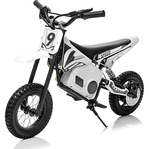 KerryYoo C11 36V 350W Electric Dirt Bike for Kids 8-14, Up to 16MPH Off-Road Electric Motorcycle with Explosion-Proof Tires, Twist Grip Throttle, Spring Suspension,Kids Ride On Dirtbike - White