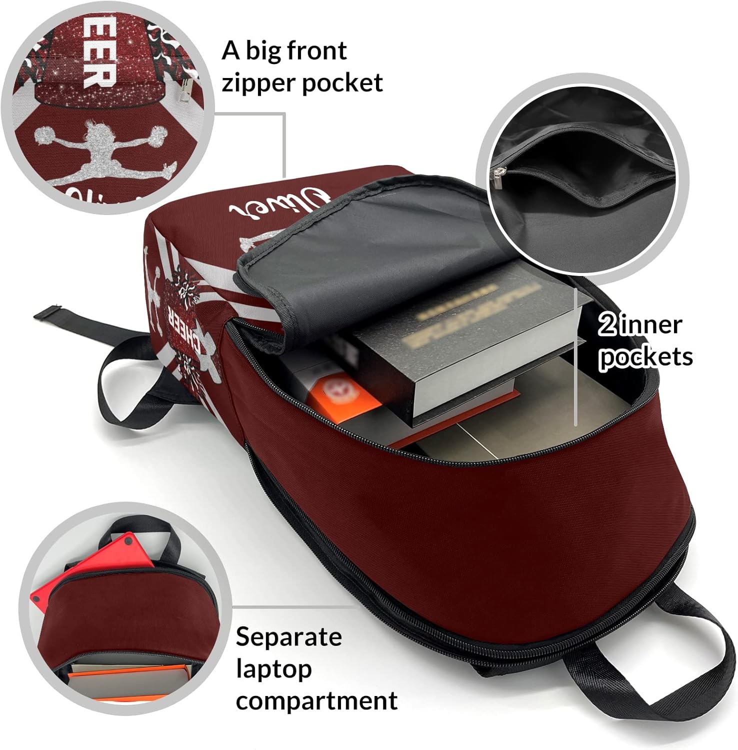 Red Gray Print Cheer Cheerleaders Backpack Shoulder Casual Travel Daypack Computer Laptop Bag for Women Men Gift