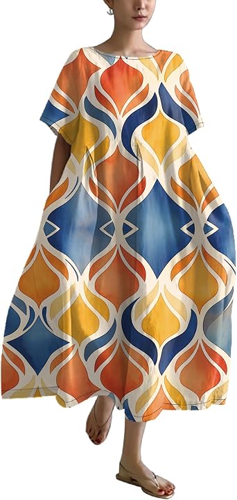 2025 Summer Maxi Dress for Women Short Sleeve Boho Floral Dresses Flowy Cotton Dress Baggy Beach Sundresses