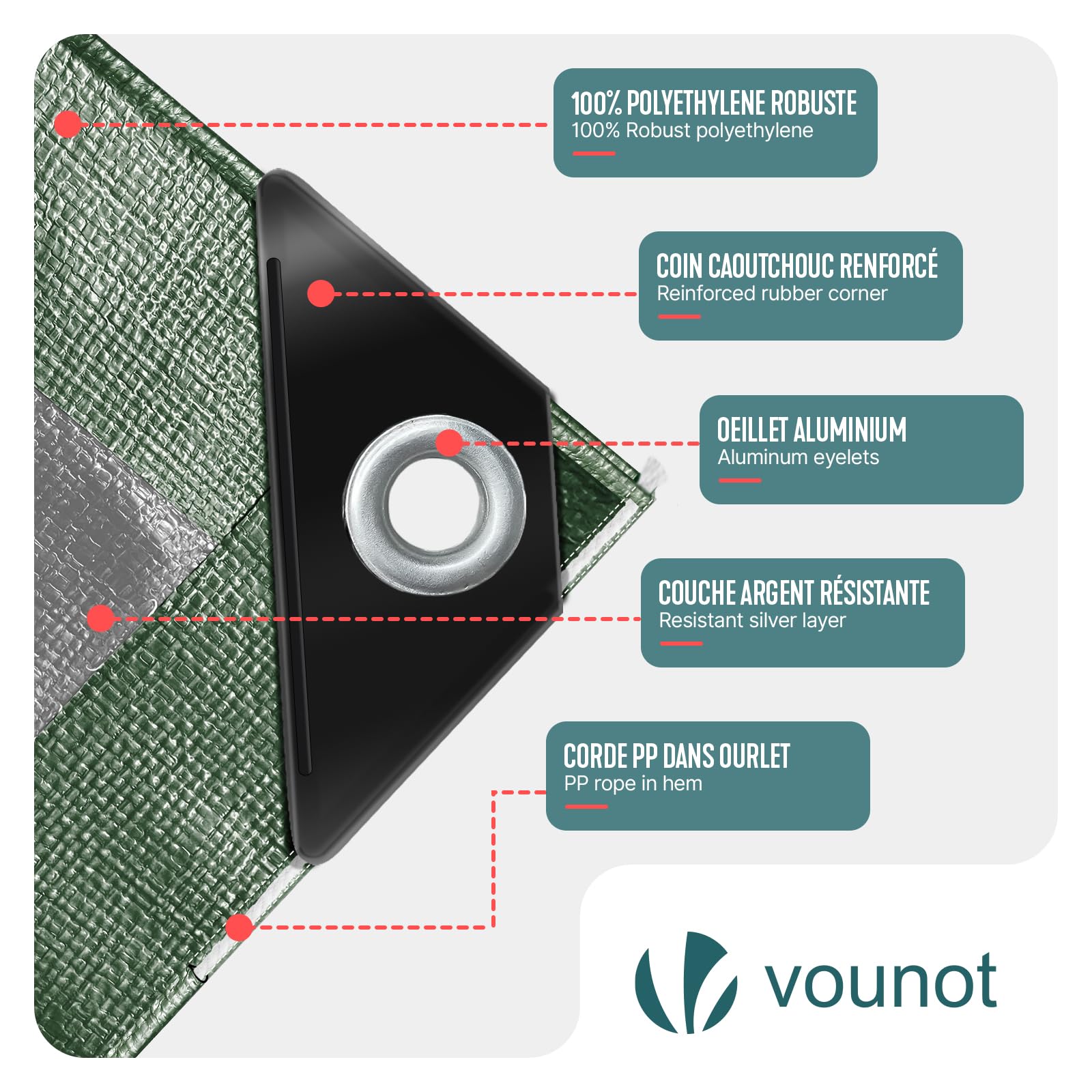 VOUNOT Wodoodporna plandeka zewnętrzna 2 x 3 m, wzmocniona wodoodporna plandeka z oczkiem PE 240 g/m², uniwersalna plandeka ochronna do łodzi, drewna, basenu, mebli ogrodowych, samochodów,