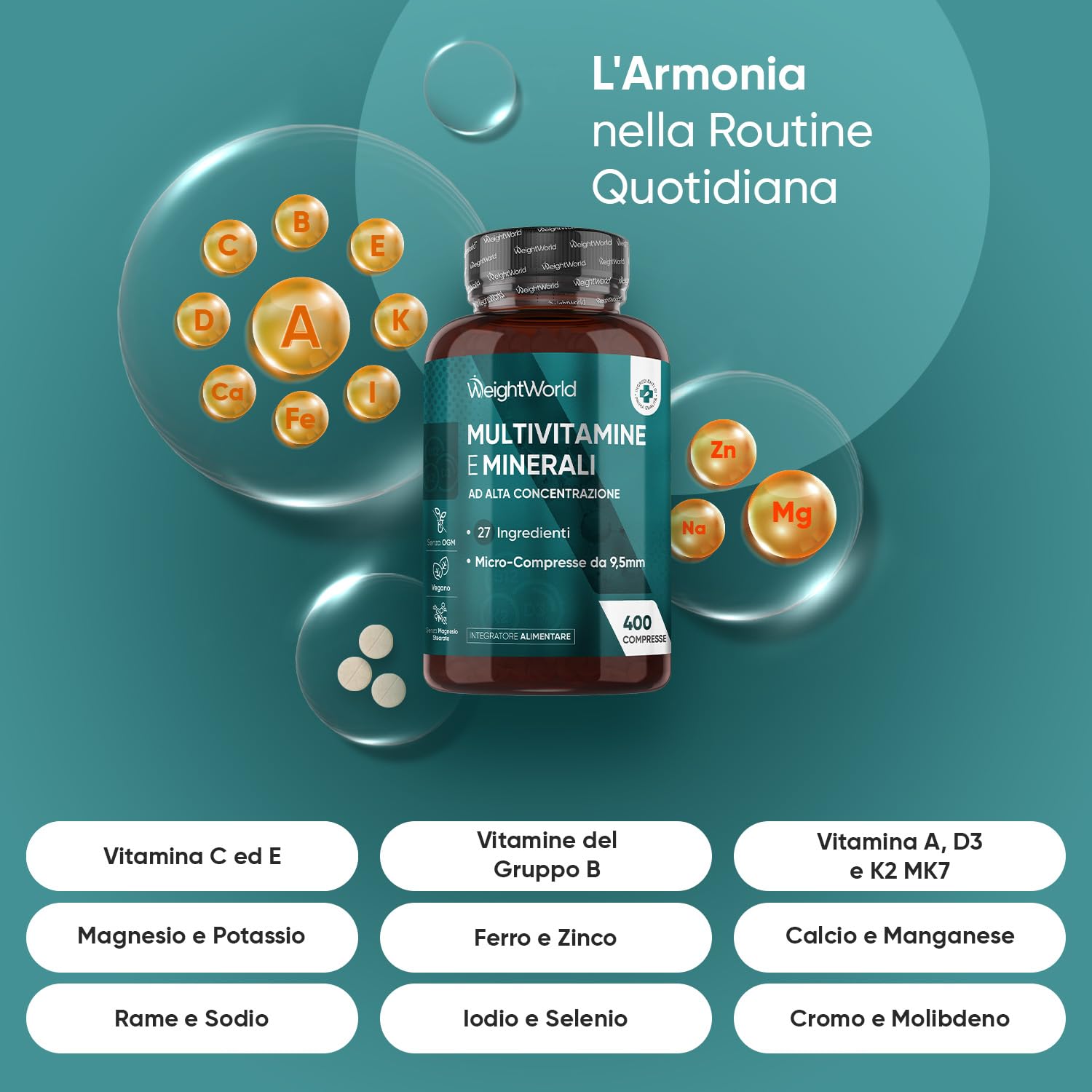 Multivitaminico Completo in 400 Compresse Vegane (+1 Anno), 27 Vitamine e Minerali Essenziali, Multivitaminico Uomo e Donna, Vitamine A, B, C, D, E, K, Ferro, Zinco, Potassio, Senza Magnesio Stearato