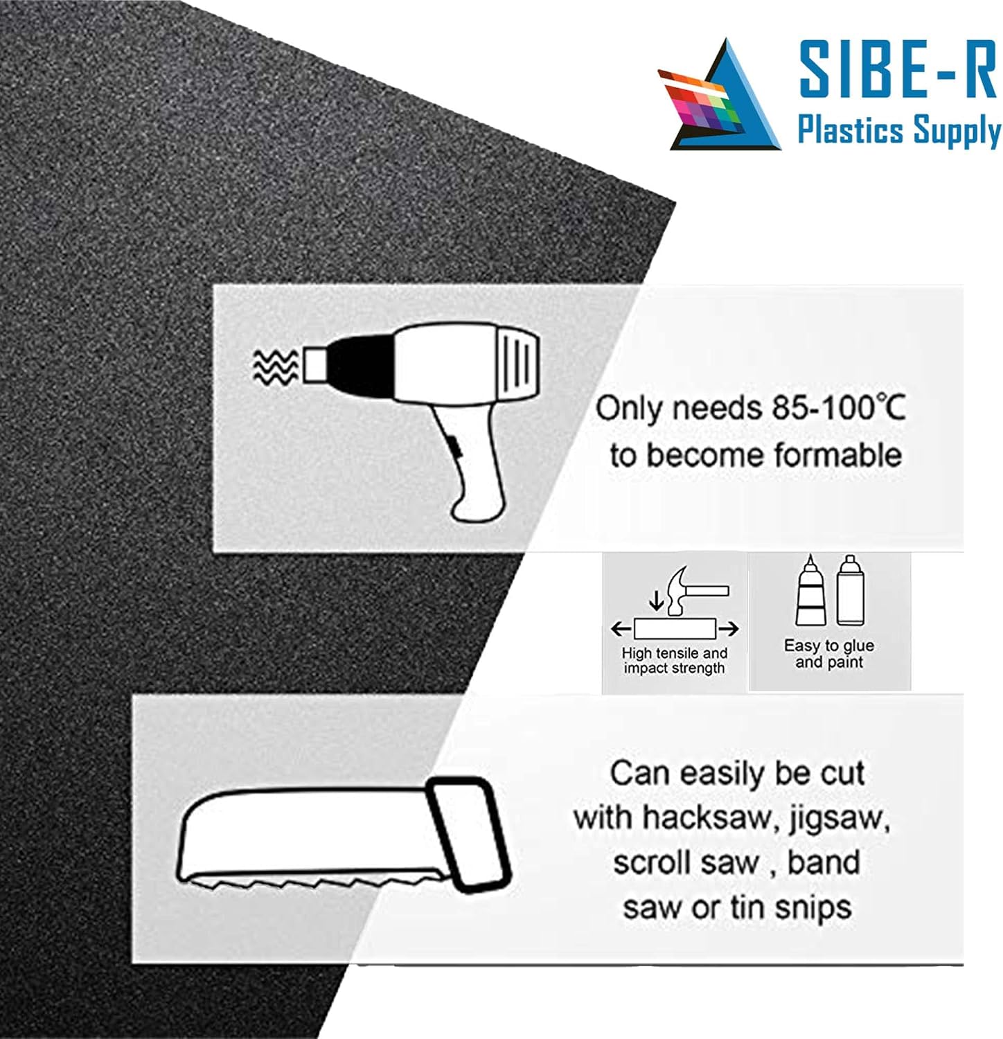 Black ABS Thermoform Plastic Sheets 1/16" x 12" x 18" Sheets - 8 Piece Bundle