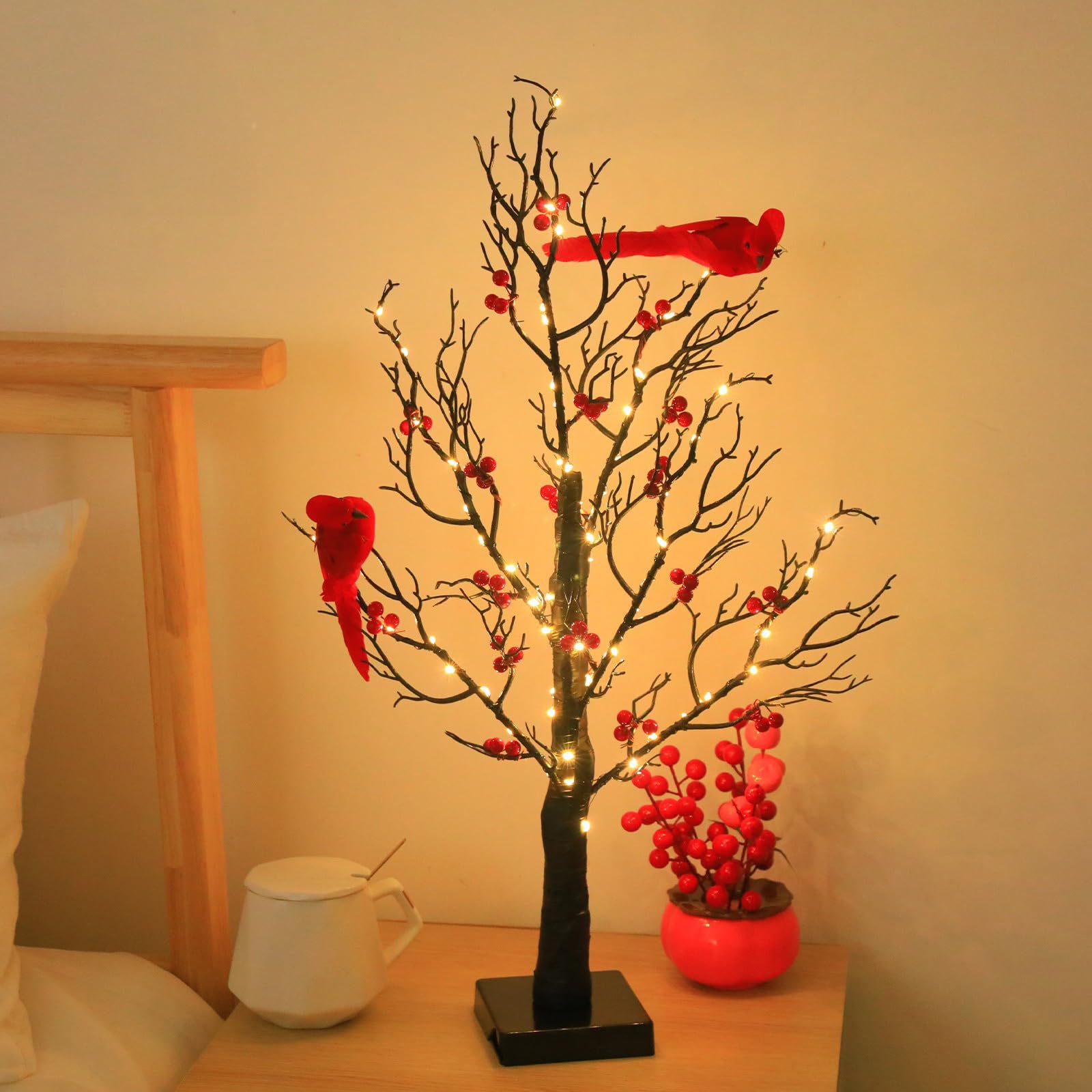 Árbol de Navidad artificial iluminado por LED con bayas rojas y decoración de pájaros, lámpara de mesa alimentada por pilas para fiestas festivas, luz cálida y brillante