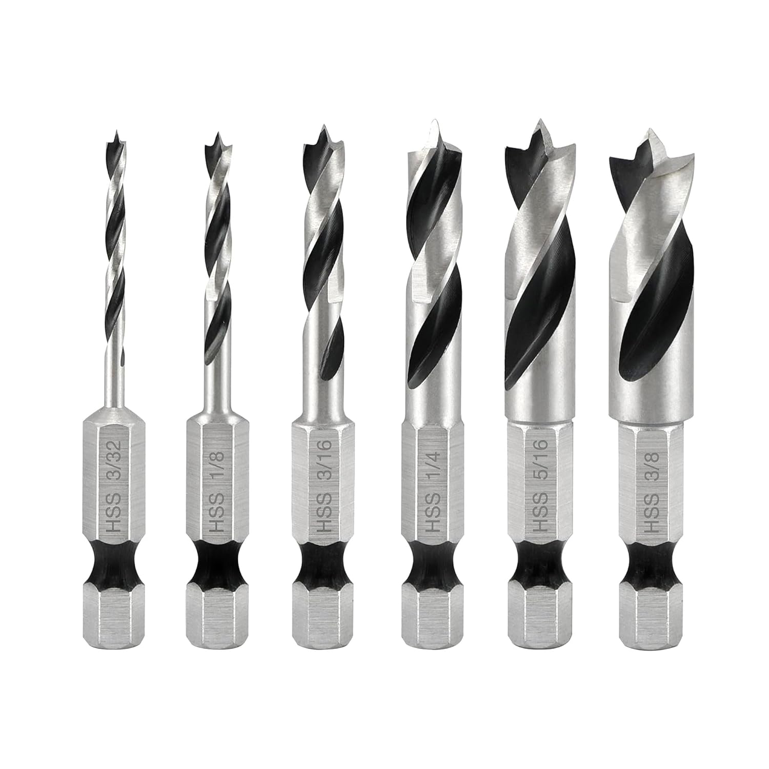 Brad Point Stubby Drill Bit Set for Wood, Short Length Drill Bit Set 6pcs HSS 4241 Steel with 1/4-Inch Quick Change Hex Shank