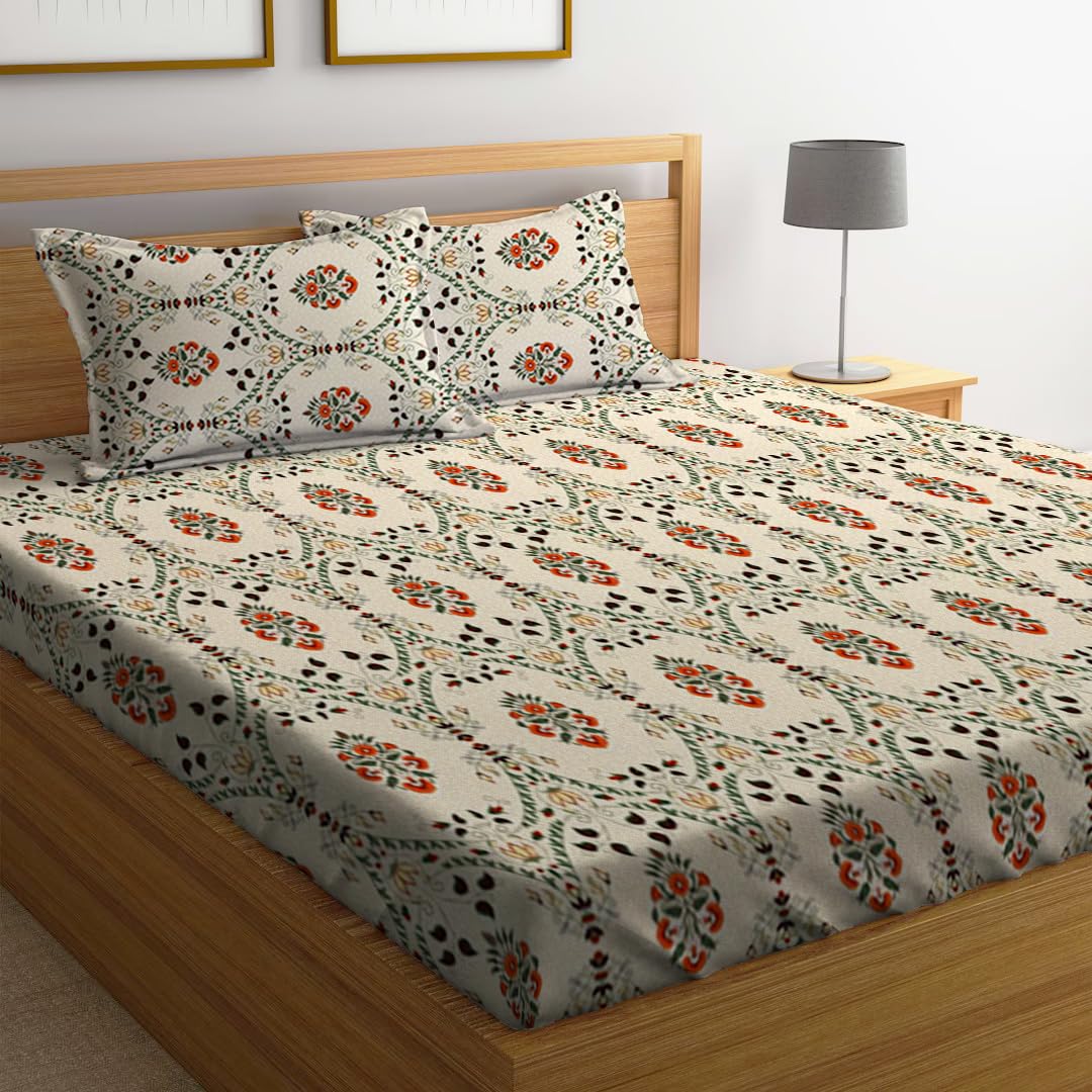LOOMLYFE Cotton Feel Glace Cotton Elastic Fitted Printed King Size Double Bed Bedsheet with 2 Pillow Covers Fits Upto 8 inches Mattress,Size- 72x78x10 Inches, BeigeJaipuri