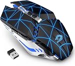 TENMOS T12 Wireless Gaming Mouse Rechargeable, 2.4G Silent Optical Wireless Computer Mice with Changeable LED Light for Laptop PC, 7 Buttons, 3 Adjustable DPI (Silver)
