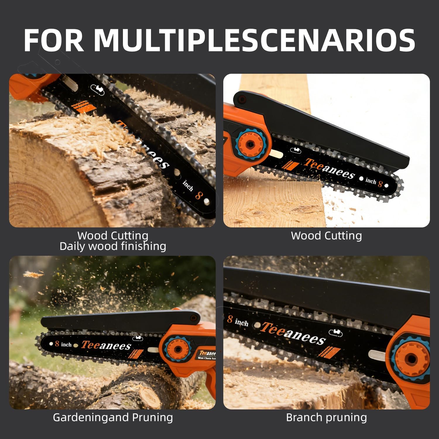 8" Mini Chainsaw Cordless, 1200W Brushless Electric Chain Saw with 2x 4000mAh Batteries & 4 Chains, 2-in-1 Dual Bar (8" & 6") Battery Powered Chainsaw, for Tree Trimming (Orange)
