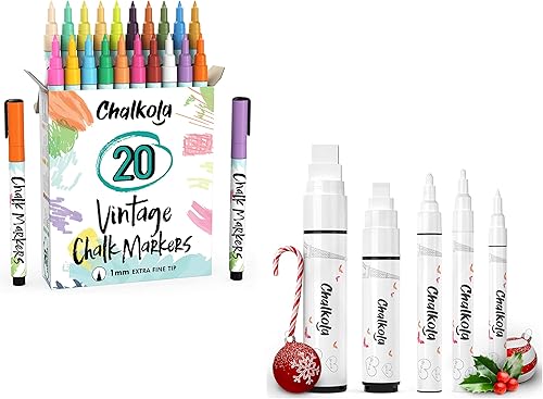 Paquete vintage y blanco - 20 marcadores de 0.039 in + 5 bolígrafos de tiza blanca
