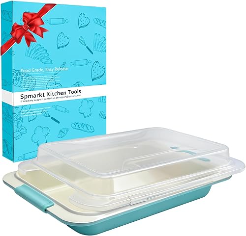 Molde para hornear resistente de 13 x 9 pulgadas con tapa, molde rectangular antiadherente para pasteles con asas de agarre de silicona y cubierta a