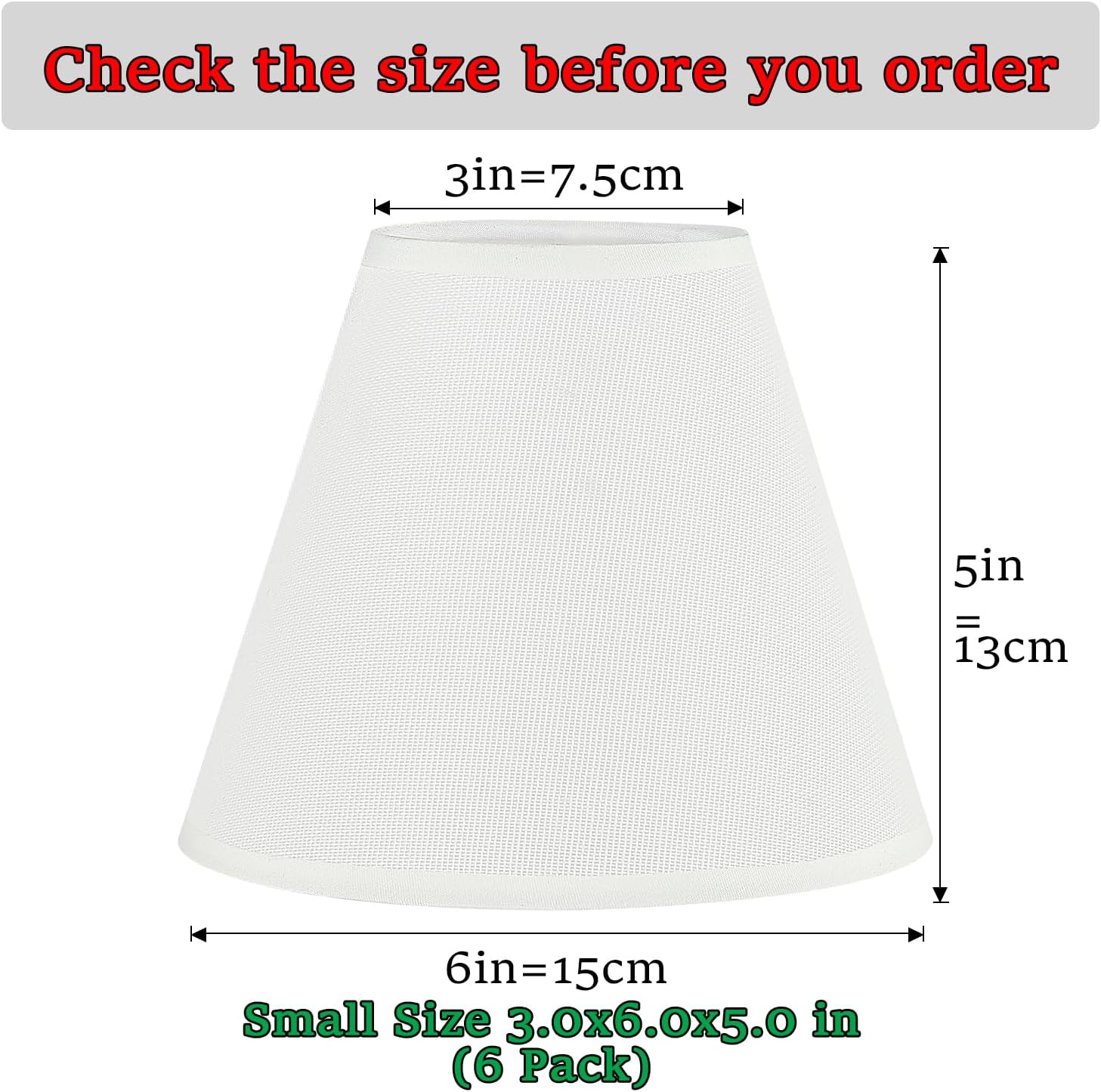 3" Top x 6" Bottom x 5" High Chandelier Shades White, 3.0x6.0x5.0 Inches Linen Fabric Lampshades, Perfect Covers for 6 Light Pendant Light or Wall Sconce, Clip On Bulb E12 Socket(Set of 6, White)