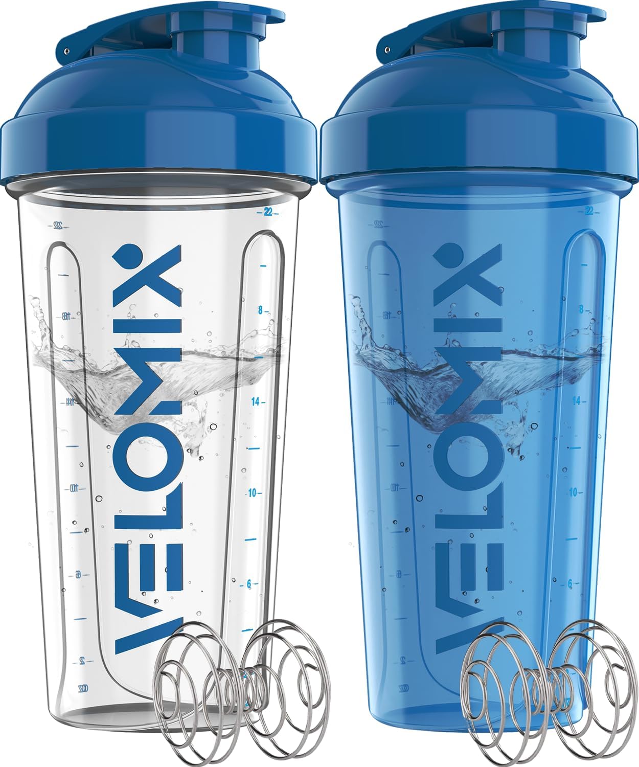 2 Pack- 28 oz Protein Shaker Bottles for Protein Mixes - 2x Wire Whisk | Leak Proof Shaker Cups for Protein Shakes and Pre Workout | Protein Shaker Bottle Pack (B5) Blue/Transparent