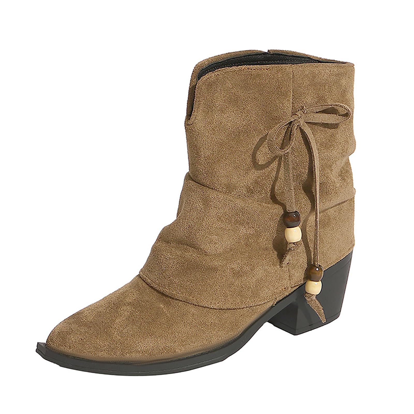 Womens Suede Chunky Heel Mid Calf Boots Comfortable Pointed Toe Wrinkled Pull on Cowboy Cowgirl Western Casual Ankle