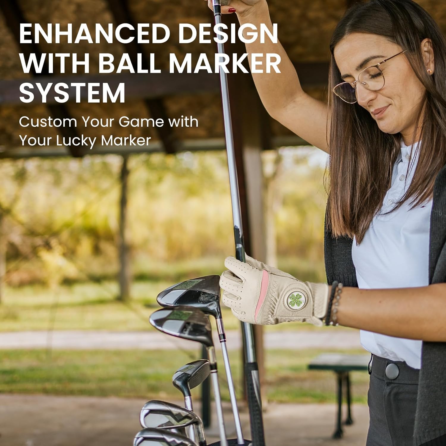 Amy Sport Womens Golf Glove 1 Pack with 2 Ball Marker & 1 Hat Clip & 10 Plastic Tees, Microfiber & Leather All Weather Grip Glove for Left or Right Hand, Soft Comfortable Ladies Gloves - Image 5