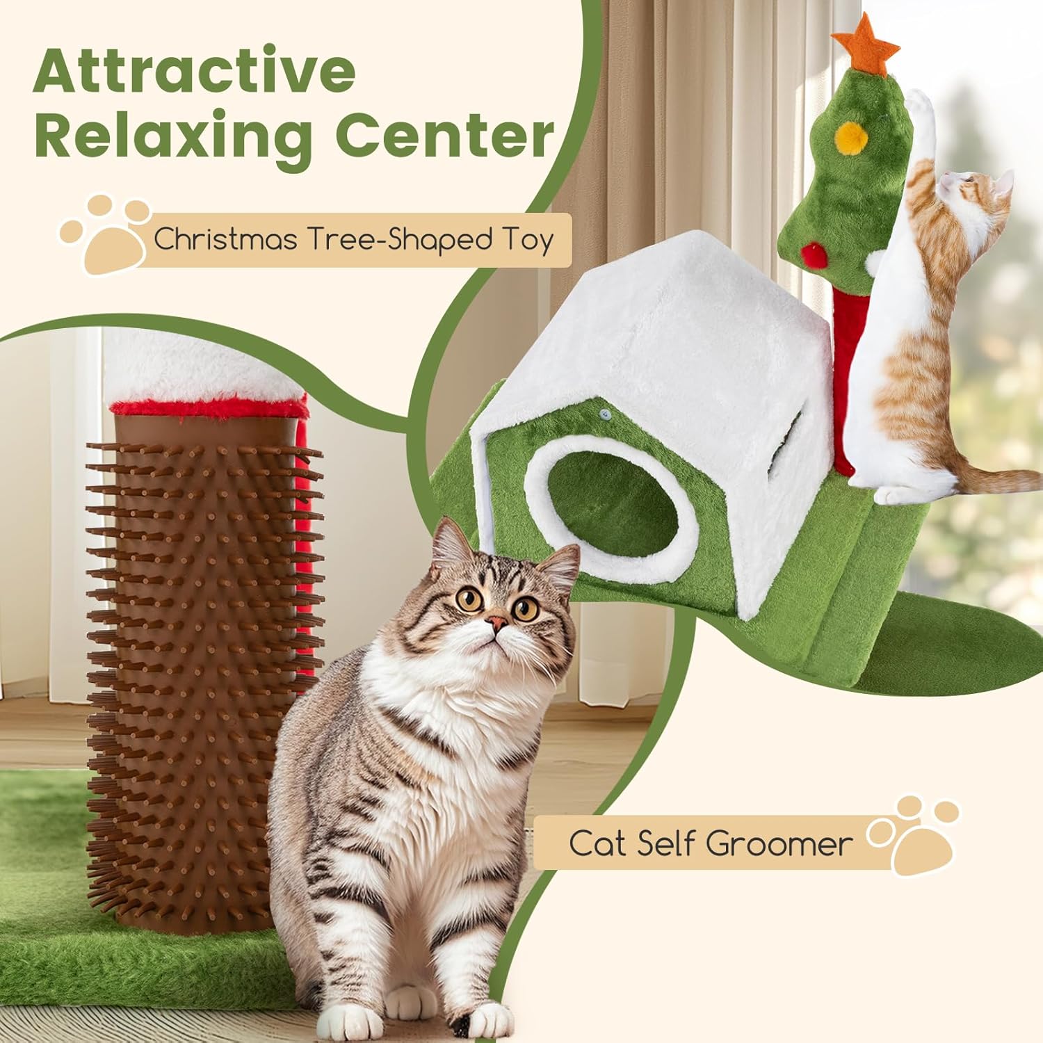 PETSITE 58 Inch Cat Christmas Tree, Multi-Level Cat Tower with 3 Cat Condos, Cat Self Groomer, Side Basket, Faux Christmas Tree, and Anti-Tipping Kit, Christmas-Themed Cat Tree for Indoor Cats