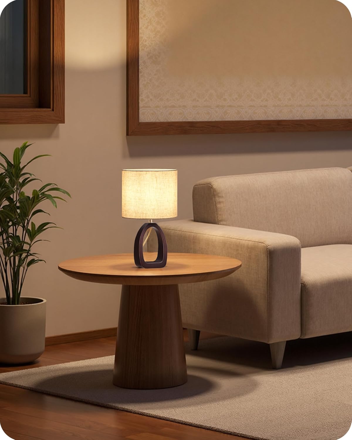 Small Table Lamp, 14.2" Cute Little Desk Lamp, Wood Bedside Lamp with Beige Linen Lampshade & Dark Walnut Base, Modern Nightstand Lamp for Bedroom, E26 Base, Bulb Not Included, STE07TL05