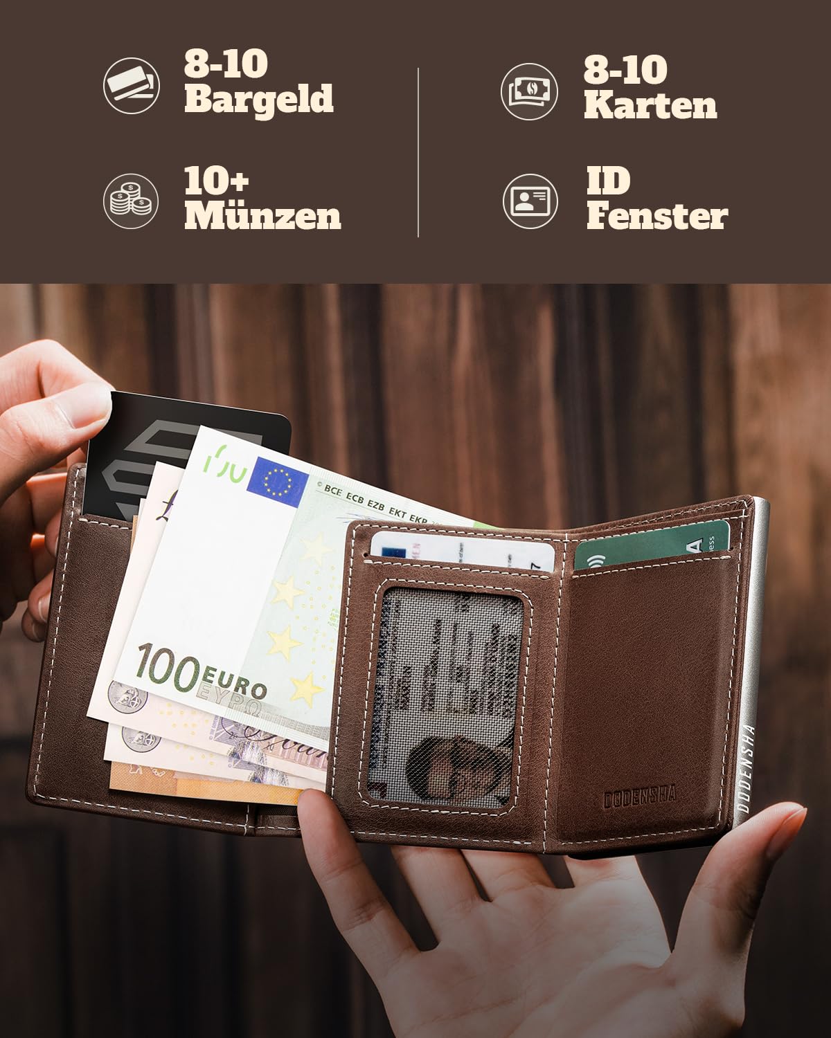 DODENSHA MagSnap Geldbörse Herren I Slim Wallet mit XL-Münzfach für 10+ Münzen I Kreditkartenetui Geldbeutel Herren für 10+ Karten I Magnetischer Verschluss Geldbörse I RFID Schutz I Braun Silbrig