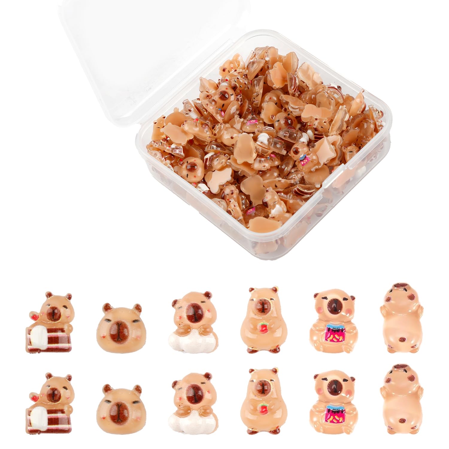 Lotsdonxia 200 Pcs Miniature Resin Capybara Figures with Storage Box, Tiny Animal Figurines, Crafting Supplies, Dollhouse Accessories, Micro Landscape Decor