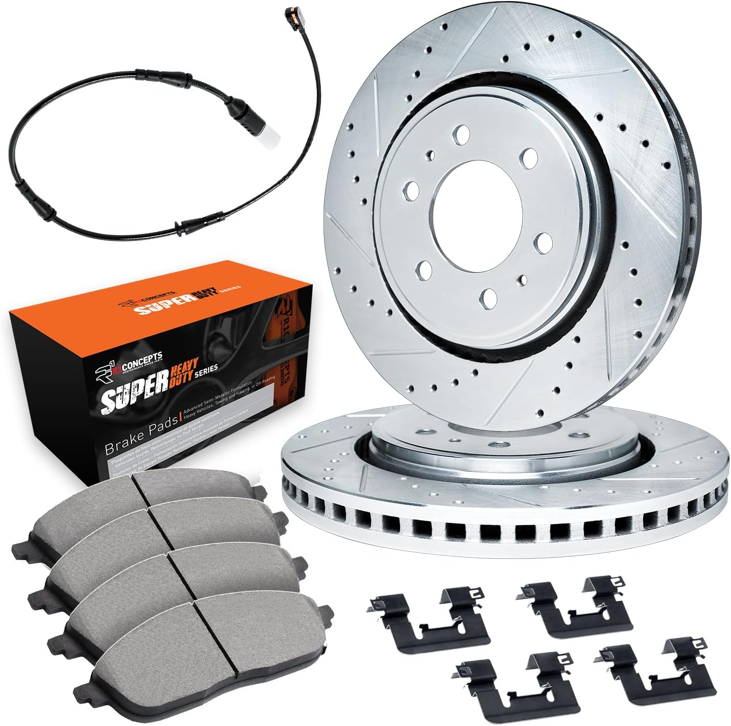 R1 Concepts Front Brake Kit Fits 2019-2020 Freightliner Sprinter 1500; 2019-2021 Freightliner Sprinter 2500|Drilled Slotted Brake Rotors| Super Heavy Duty Brake Pads and Rotors Kit| Hardware, Sensor