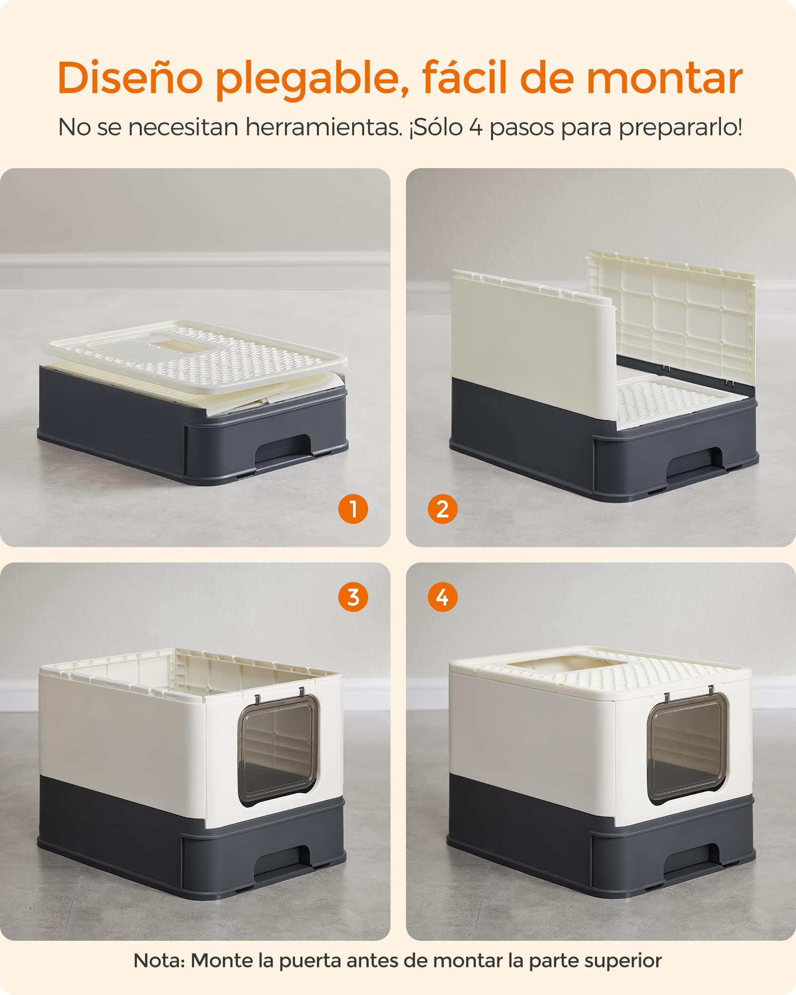 Feandrea Arenero para Gatos, Caja Arena con Bandeja Extraíble, Pala, Cepillo, Espacioso para Gatos Grandes, Carga de 15 kg, Antifiltración, Antiescapes, Beige y Negro PPT001W01