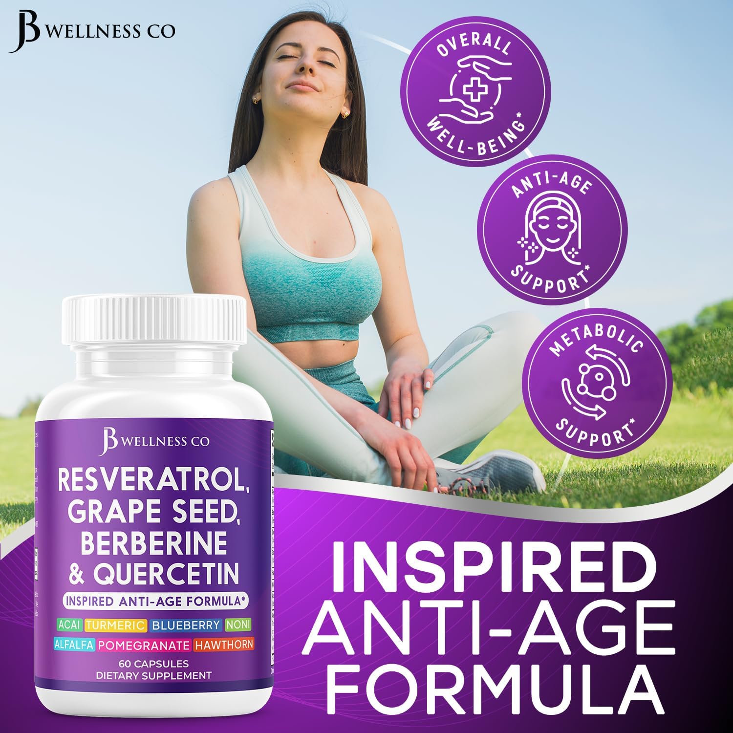 JB Wellness Resveratrol Grape Seed Extract, Berberine, Quercetin - Polyphenol Supplement for Women and Men with Noni Extract, N-Acetyl Cysteine, Acai Extract - 60 Capsules - Image 3