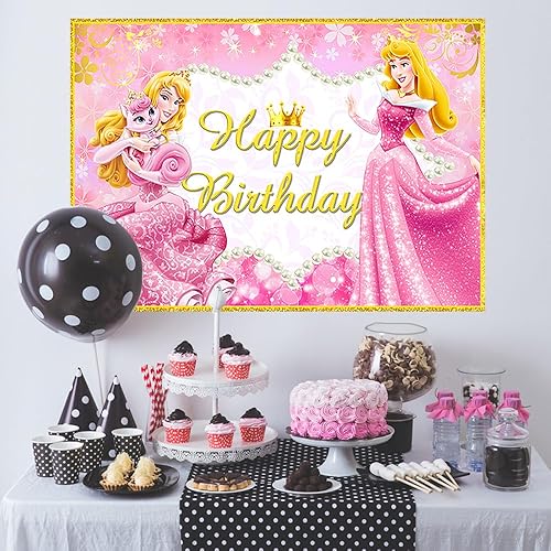 Miniatura 3 de Fondo de princesa rosa para fiesta de cumpleaños, suministros de 5 x 3 pies, fondos de fotos de belleza durmiente, tema de princesa aurora, cartel