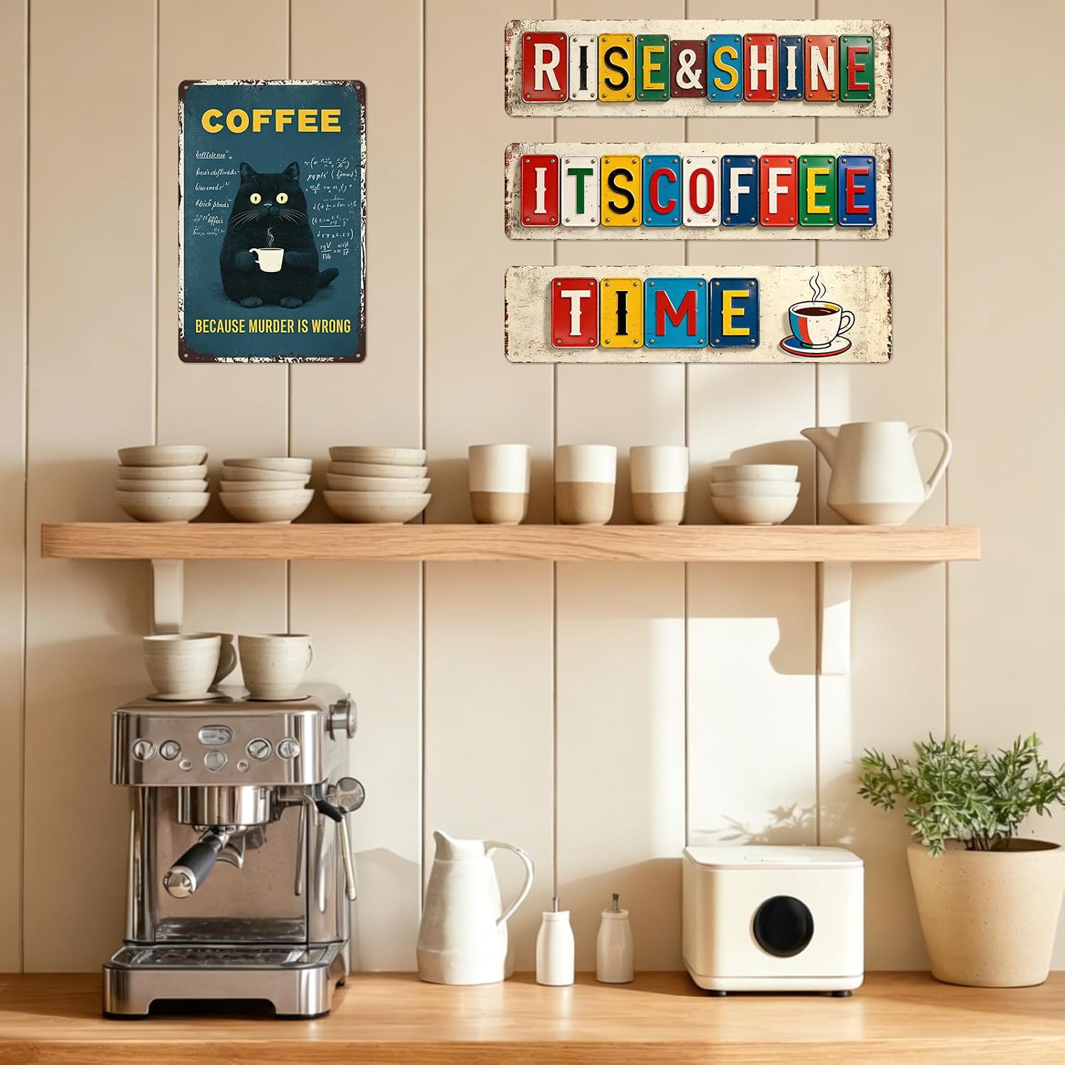 3 Piece Coffee Bar Sign Farmhouse Kitchen Decor and Accessories Coffee Signs for Coffee Station Coffee Bar Wall Art Essentials for Home Decorations Rise & Shine It's Coffee Time Metal Tin Sign 16x4 in image 3