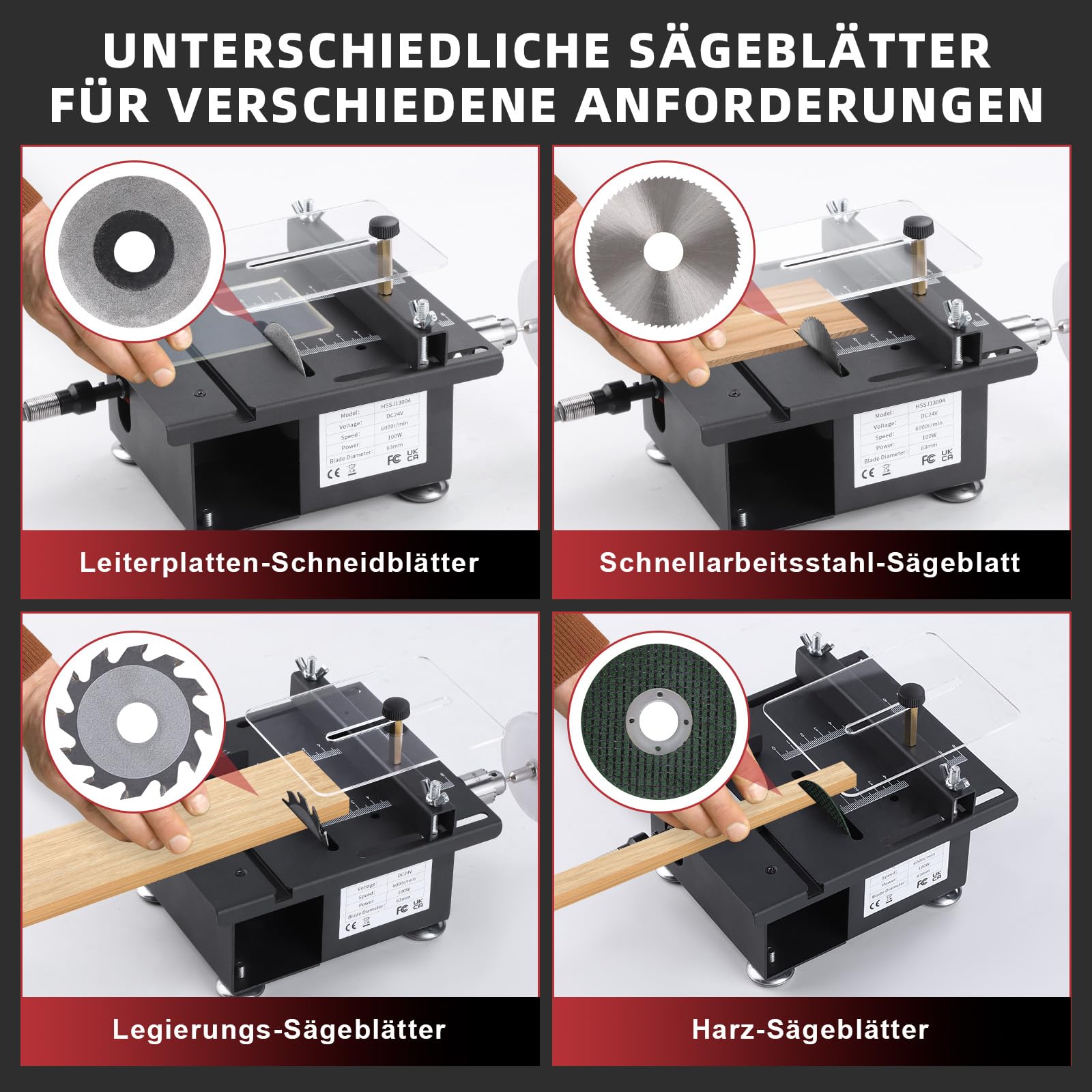 Mini tischkreissäge,100W mini kreissäge mit 4 Klingen,0,1-16 mm Einstellbarer Sägeblatthöhe,7-Gang-Drehzahlregelung,Multifunktionale tischsäge mit Flexwelle & Drehscheibe für Schleifen/Polieren/Bohrer