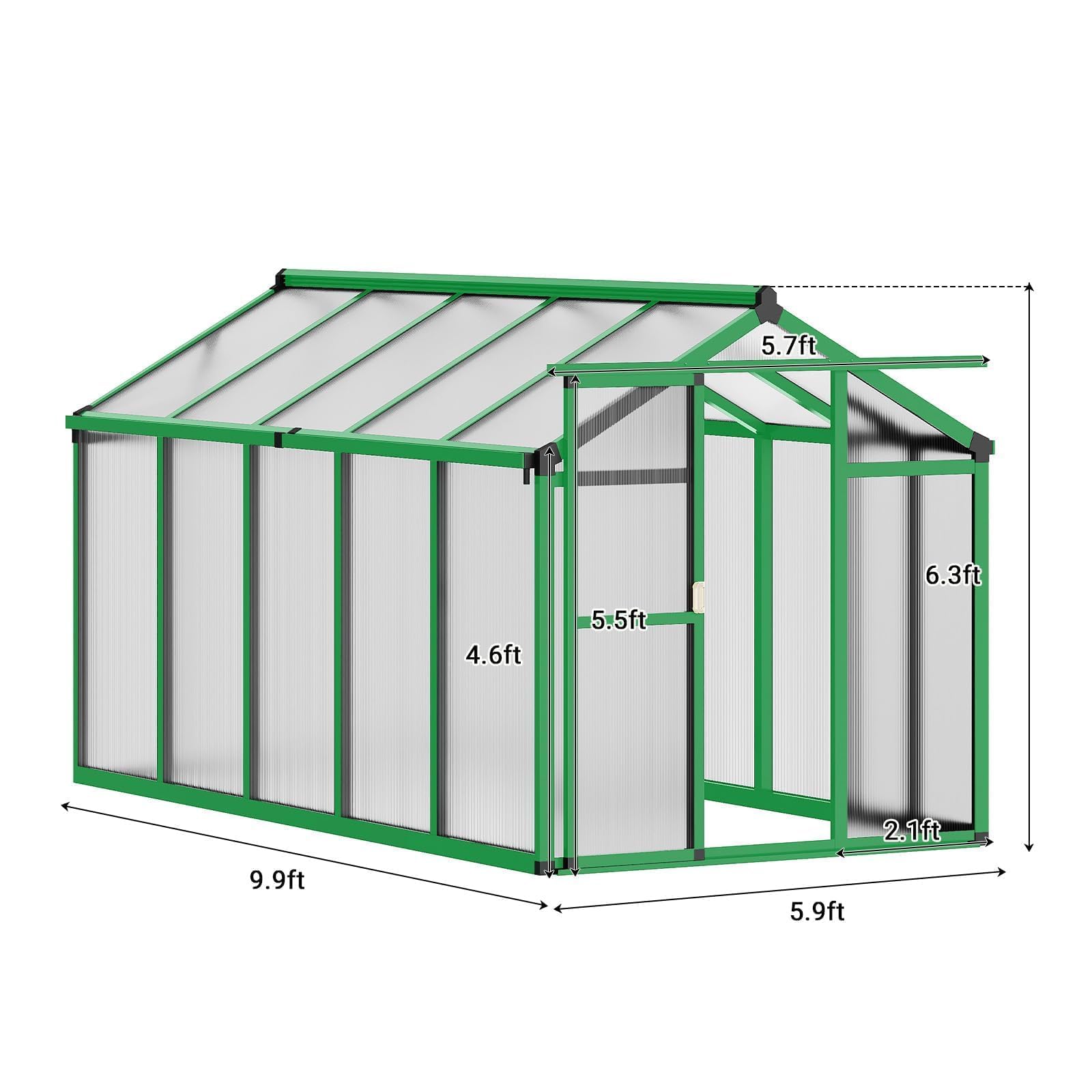 Garvee Invernadero De 6x10 Pies para Exterior – Marco De Aluminio y Policarbonato con Ventilación Ajustable, Jardín y Patio, con Mango – Verde
