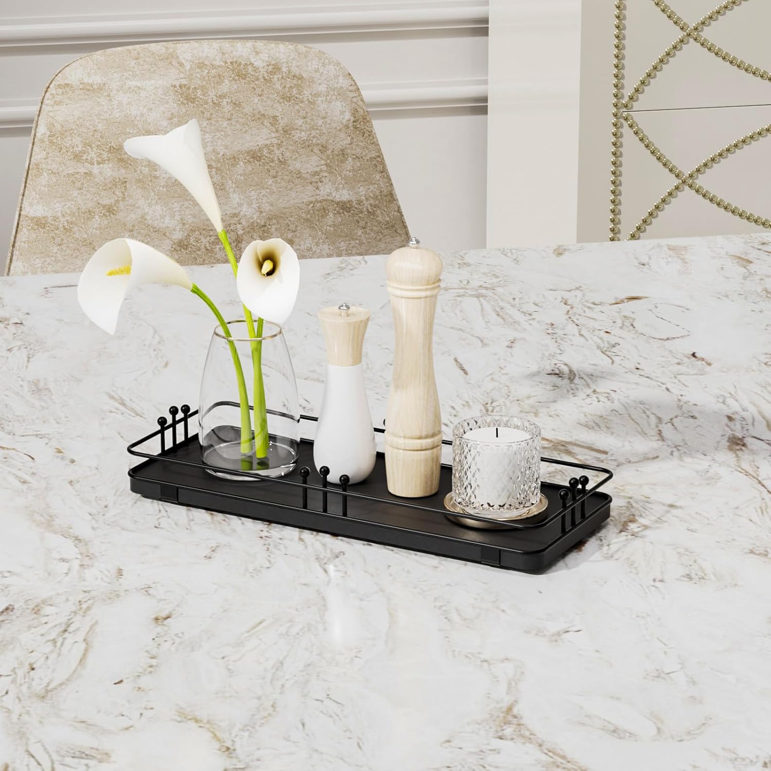 Bathroom Vanity Tray for Countertop Toiletries Perfume Makeup Soap Dispenser Toilet Tank, Kitchen Tray for Salt Spice, Black Decor Tray for Candle Nightstand Coffee 11.3”x 4.4” - Image 7