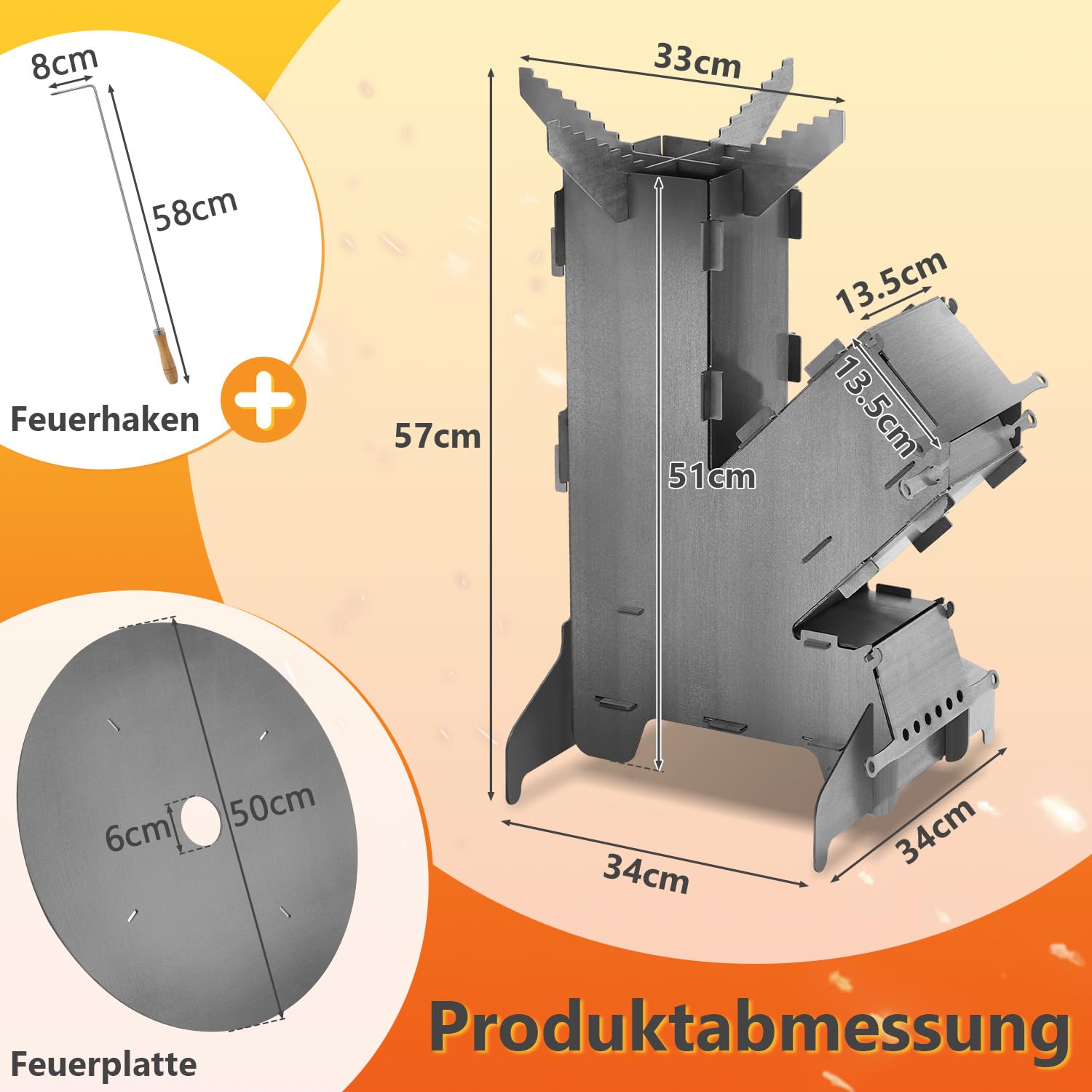 Piec rakietowy ze stali węglowej 3 mm, Outdoor Rocket Stove z płytą grillową (Ø 50 cm), kompatybilny z garnkami Dutch Oven i żeliwnymi patelniami – na kemping, do ogrodu i na taras