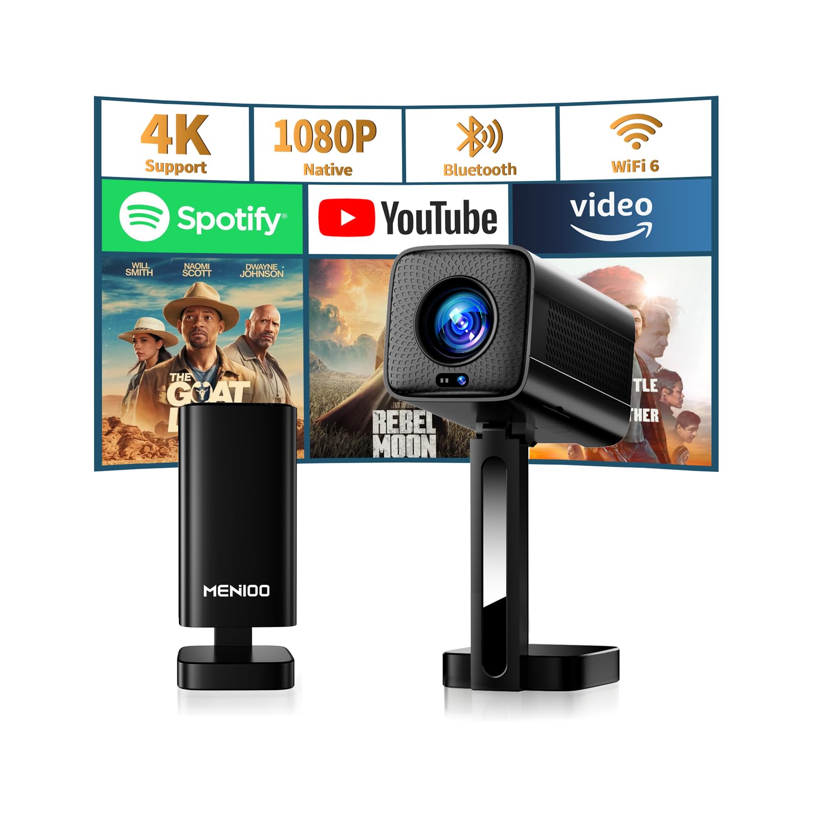 Mini Projector 4K 1080P Full HD, 2026 Upgraded Portable Projector [Built-in Apps & Auto Focus] with Auto Keystone and 90° Rotatable with WiFi 6 Bluetooth 5.4 with HDMI/TV Stick/USB/Laptop – Black