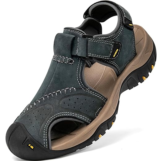 Sandálias esportivas masculinas de couro com bico fechado, trilhas, atividades ao ar livre, praia, trilha, pesca, água, leve, confortável, à prova d'água