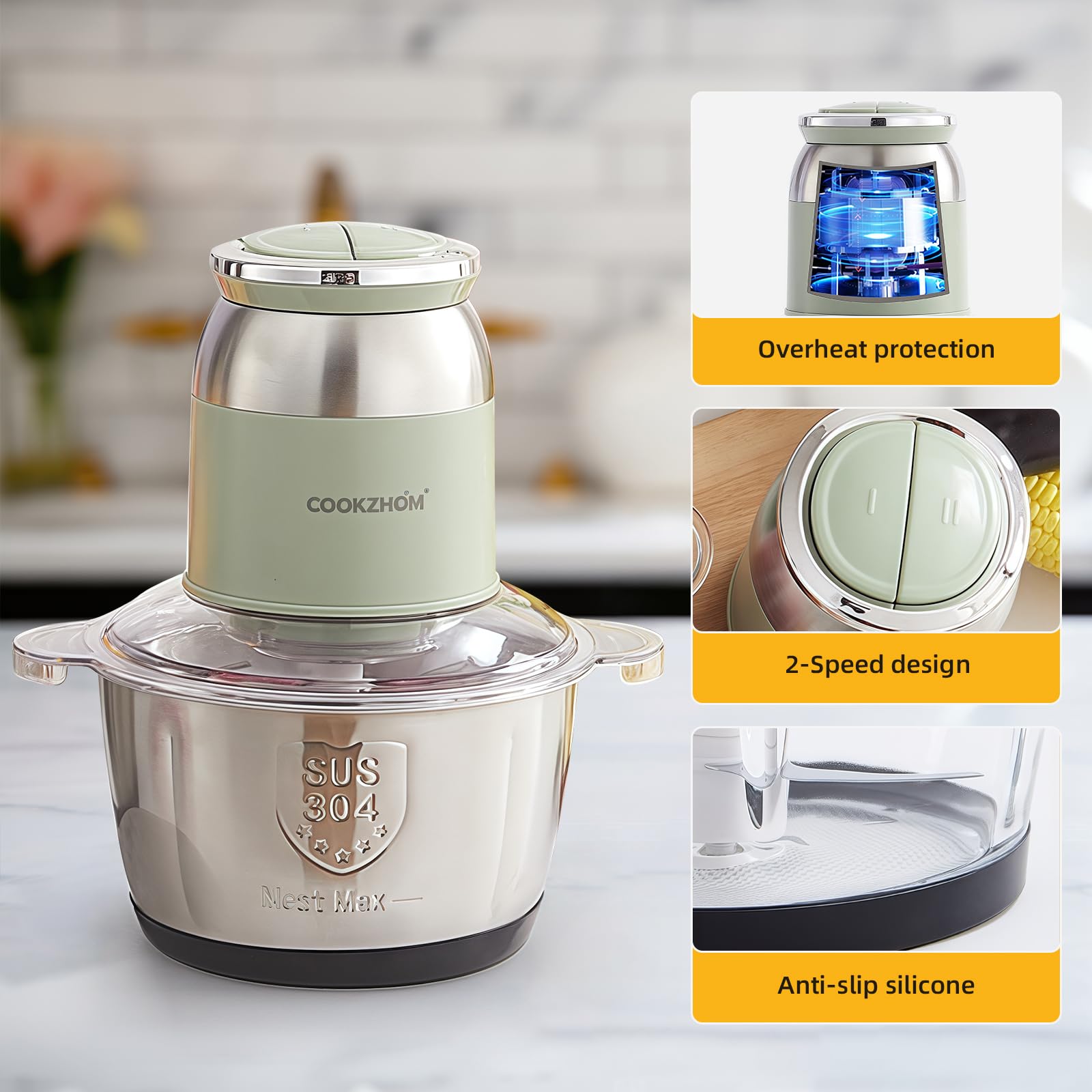 Procesador de alimentos verdes, picadora de carne eléctrica de 500 W con tazón de acero inoxidable de 8 tazas y 4 cuchillas afiladas, picadora de alimentos y picadora de verduras para uso 4