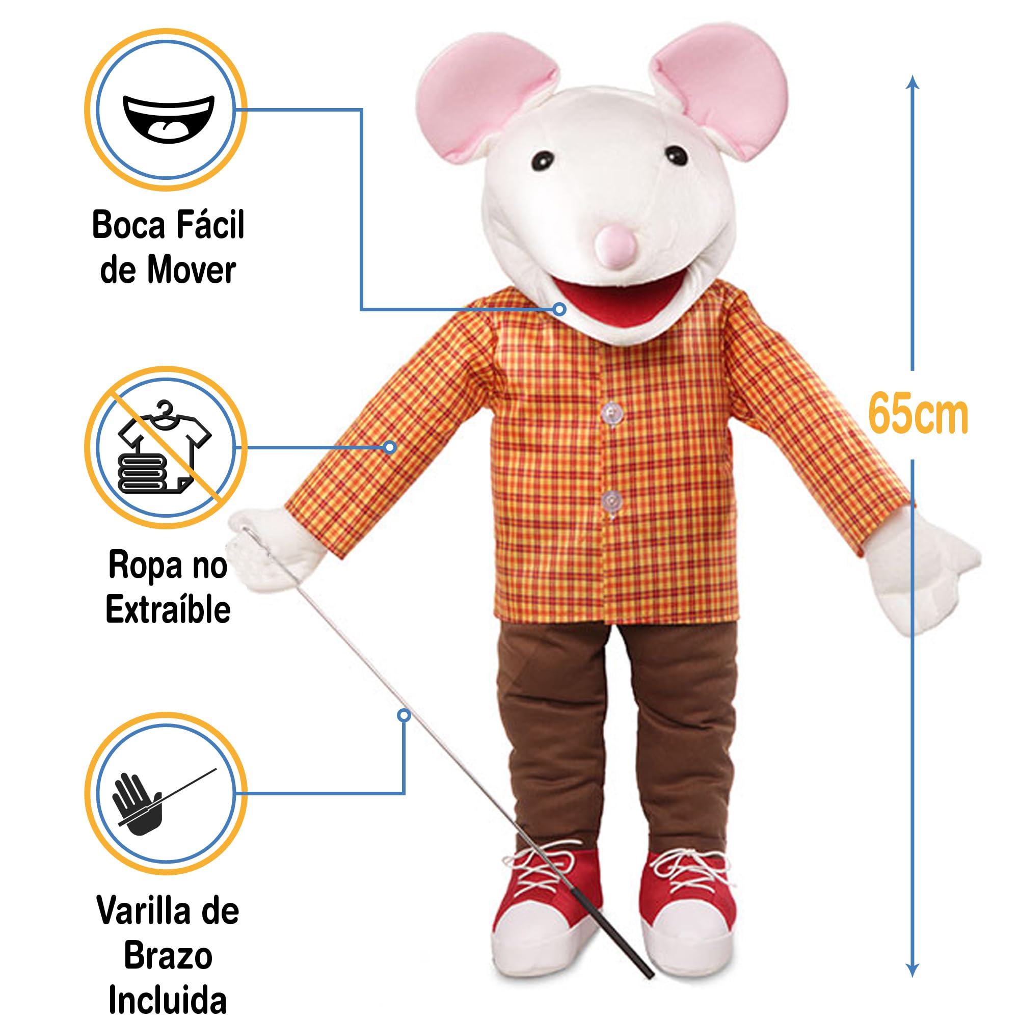 Ratón con tenis, cuerpo completo, estilo ventrílocuo, marioneta de animal, 65 cm